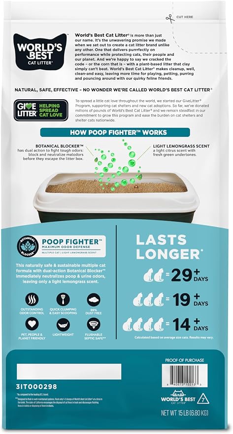World's Best Cat Litter, Poop Fighter, Urine & Poop Odor Defense, 15 lb Bag