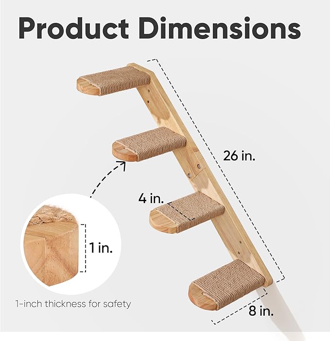 FUKUMARU Cat Climbing Shelf Wall Mounted, Large | Four Step Cat Stair, Natural Jute Scratching, Solid Rubber Wood, Kitten Shelves Furniture