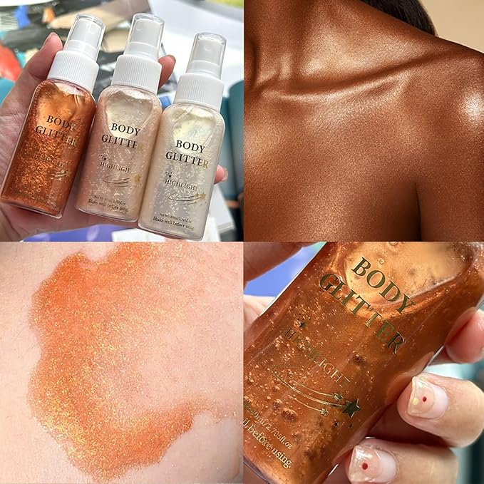 Body Glitter Spray Highlight, 4 Shimmering Color, Quick-Drying Formula Moisturizing Liquid Highlighter for Black/White Skin Women Men for Party, All Body Parts (# 01 Gold)