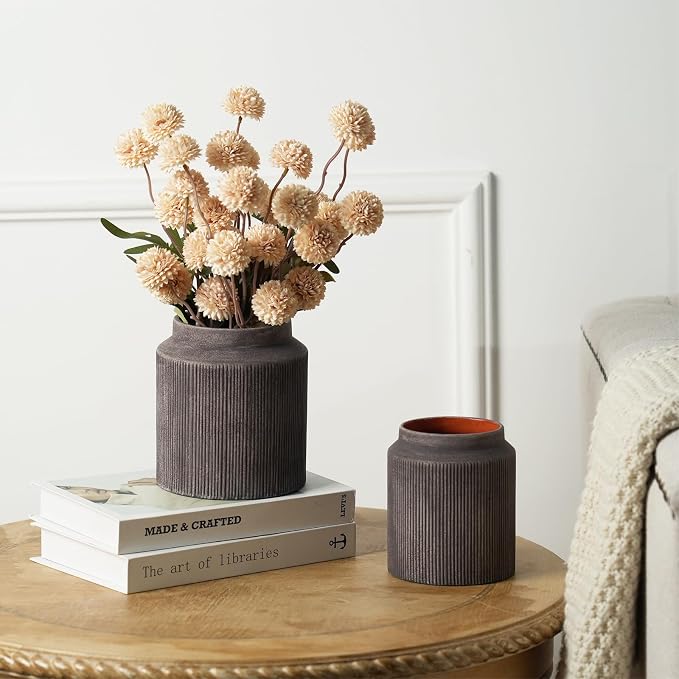 Rustic Ceramic Vase Set of 2, 5.9in Ceramic Flower Vase for Home Decor | Brown Terracotta Pottery Vase Decorative for Living Room, Coffee Table, Farmhouse, Fixwal