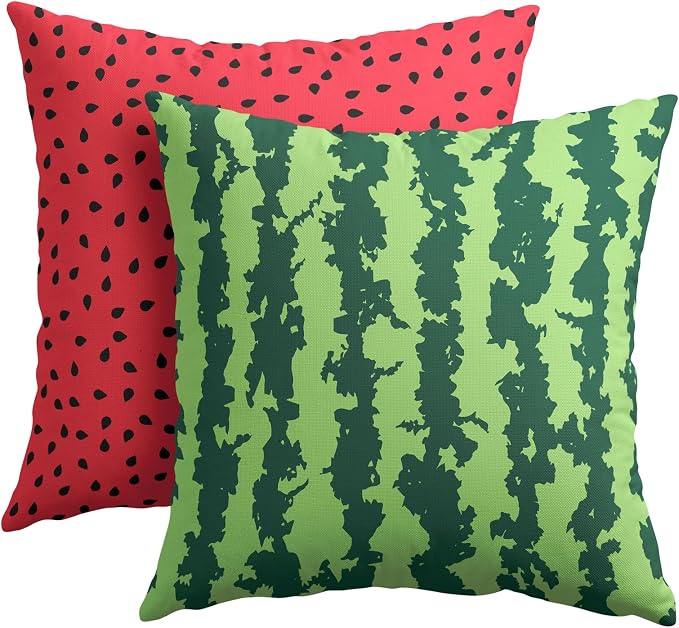 Watermelon Pillow Covers 16X16 Inch Set of 2 Summer Fruits Decorative Pillow Cases Green Red Stripes Cotton Linen Cushion Case Farmhouse Modern Home Decor for Sofa Couch Bedroom