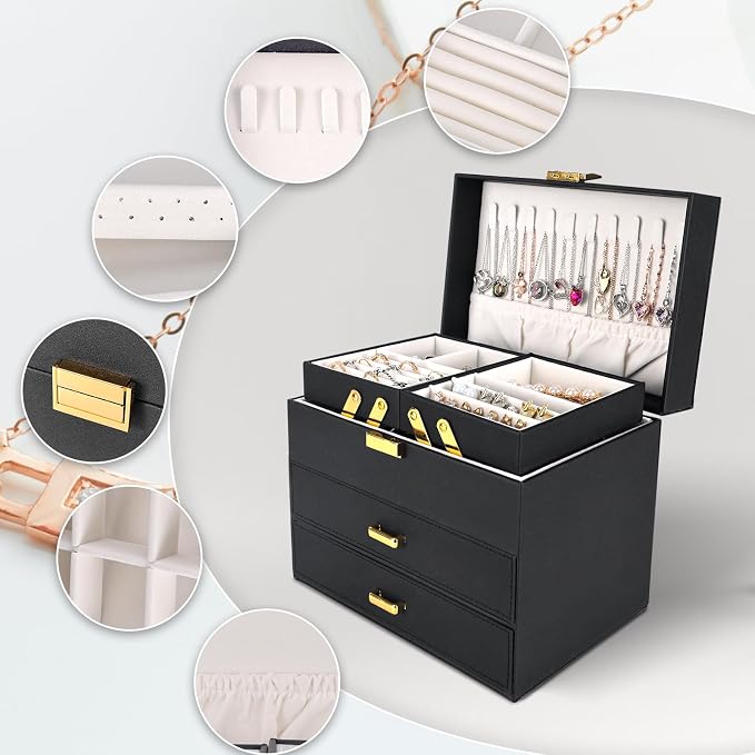 Jewelry Organizer Box, Large Jewelry Boxes for Women Girls, Space-Saving 4 Layers Jewelry Storage Case with Drawer, Movable Metal Stand, Modern, Gift Idea (Black + Gold)