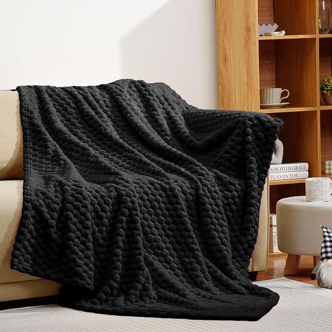 Excervent Hexagon Jacquard Throw Blanket for Bed, 50x70 Inches, Black | Decorative Fuzzy Flannel Fleece Throw Blanket for Sofa Bed Couch, Super Soft Cozy, Suitable for All Seasons