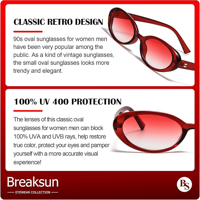 Breaksun Retro Oval Sunglasses for Women Men Fashion Small Oval Sunglasses 90s Vintage Shades