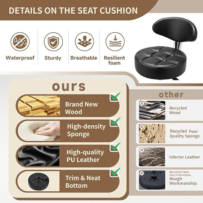 Kaleurrier Swivel Stool Chair Adjustable Height,Heavy Duty Hydraulic Rolling Metal Stool for Kitchen,Salon,Bar,Office,Massage (with Back Rest) (Black)