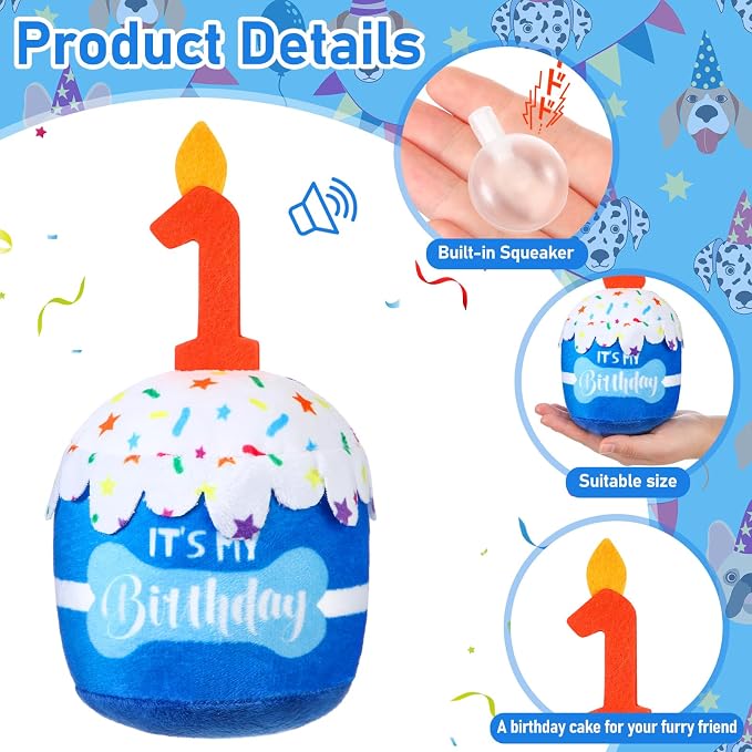 Dansydaisy Dog Birthday Cake Toy Squeaky Plush Gift,1st,Blue