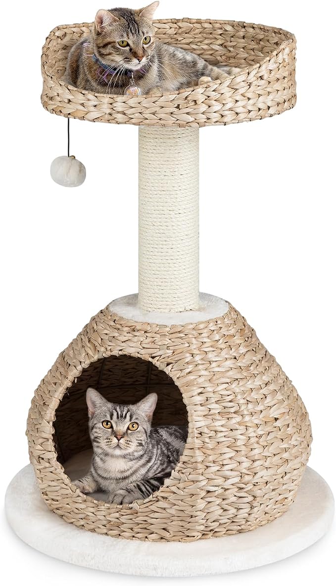 Tangkula Modern Cat Tree, Small Cat Tower with Natural Sisal Scratching Post, Hand-Made Wicker Cat Condo & Top Perch, Funny Hanging Toy Ball, Cute Cat Tree Tower for Indoor Cats