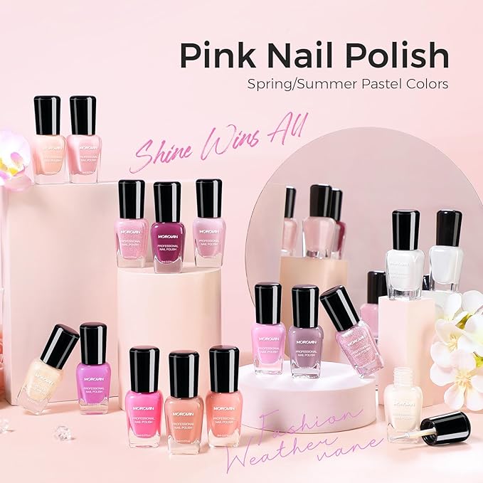 Morovan Fingernail Nail Polish Set: Valentine Neutral Nude Light Baby Pink Nail Polish Kit Spring Summer Air Quick Dry Pale Regular Fingernail Polish Pack DIY for Women Girls Gift Holiday