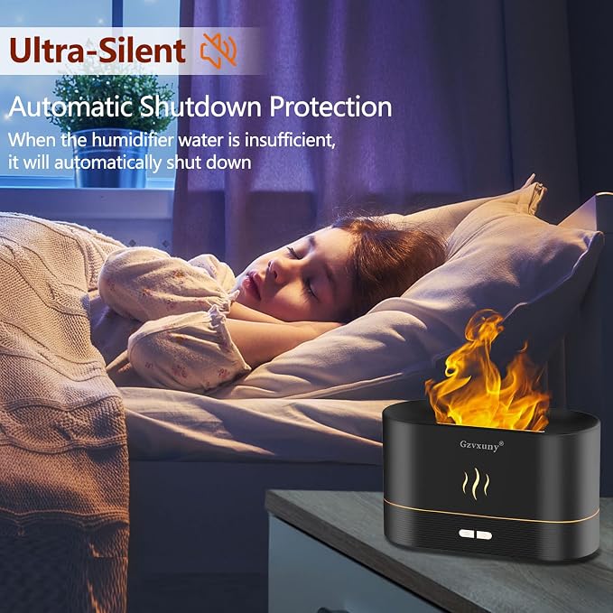 Flame Essential Oil Diffuser, Upgrade 7 Colour Lights Aromatherapy Diffuser, Super Quiet Air Humidifier, Electric Aroma Diffuser, Waterless Auto-Off for Home Office Room - Black