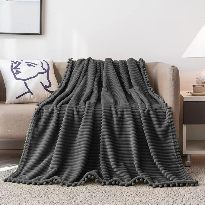 DISSA Fleece Blanket Twin Size – 60x80, Dark Grey – Soft, Plush, Fluffy, Fuzzy, Warm, Cozy – Perfect Throw for Couch, Bed, Sofa - with Pompom Fringe - Flannel Blanket Throw Blanket