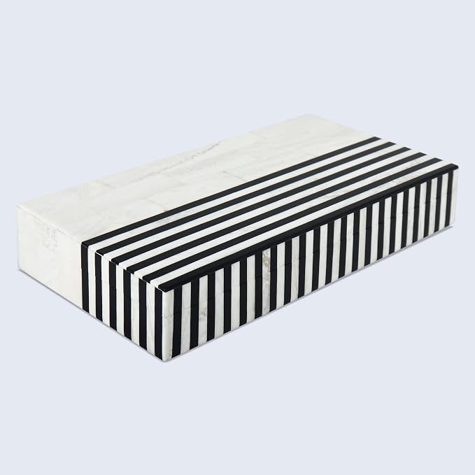 Handicrafts Home Large Decorative Storage Box with Lid – Black White Modern Storage Box, Remote Control Organizer for Coffee Table, Console & Living Room Decor – Mono Lead 12 x 6 x 2