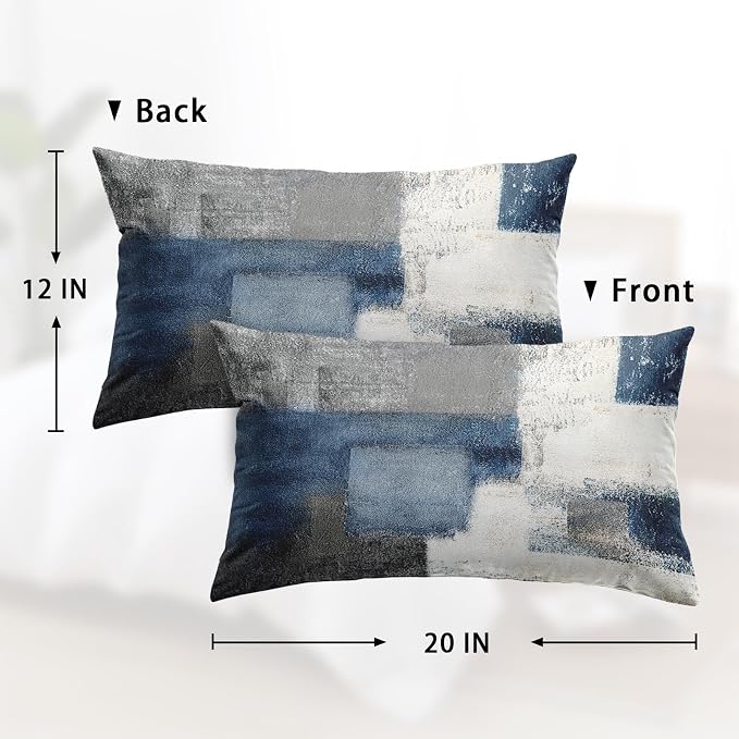 Throw Pillow Covers Set of 2, 12 x 20 Inch, Navy Grey White | Abstract Modern Art Outdoor Decorative Square Pillow Cases Couch Cushion Case for Couch Bed Sofa Living Room Home Decor