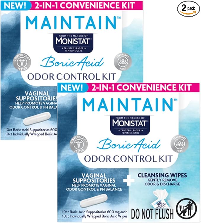 Monistat Maintain Boric Acid Odor Control Kit, Boric Acid Suppositories and Feminine Wipes, Feminine Care and pH Balance Support, 10 Suppositories and 10 Wipes (Variety Pack)