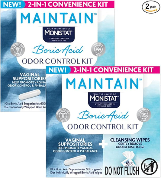 Monistat Maintain Boric Acid Odor Control Kit, Boric Acid Suppositories and Feminine Wipes, Feminine Care and pH Balance Support, 10 Suppositories and 10 Wipes (Variety Pack)