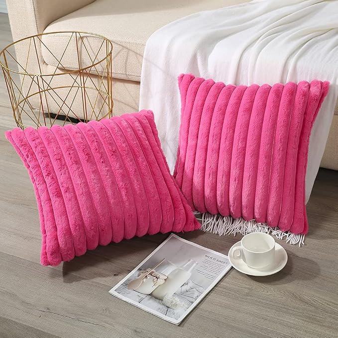 Soleebee Set of 2 Throw Pillow Covers Soft Cozy Velvet Pillowcase Faux Rabbit Fur Cover for Couch Sofa Bed Chair Home Decorative Pillows Cover (20x20 Inch, HOT Pink)
