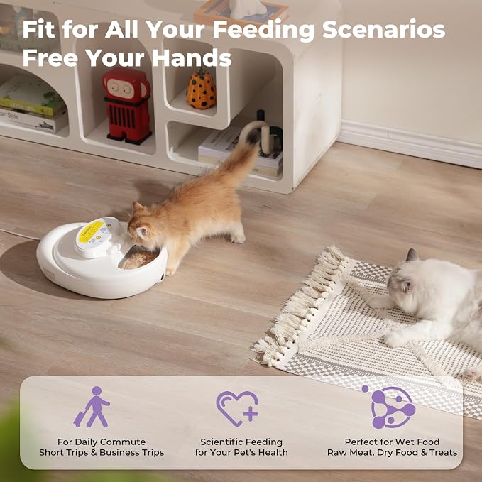 UBPET Smart Automatic Cat Feeder with Cooling & Heating, APP Control Dual-Temp Feeder for Wet/Dry/Raw Food, 24H Freshness, 4-Grid Tray, Anti-Pinch for Cats & Small Dogs (2-10kg)
