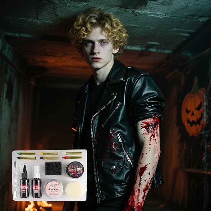 Halloween Makeup Kit-Scar Wax, 6-Color Bruise Crayons, 3-Types Fake Blood (Spray + Dripping + Coagulated Gel) + Spatula & Sponges – For Zombie/Vampire/Monster Cosplay