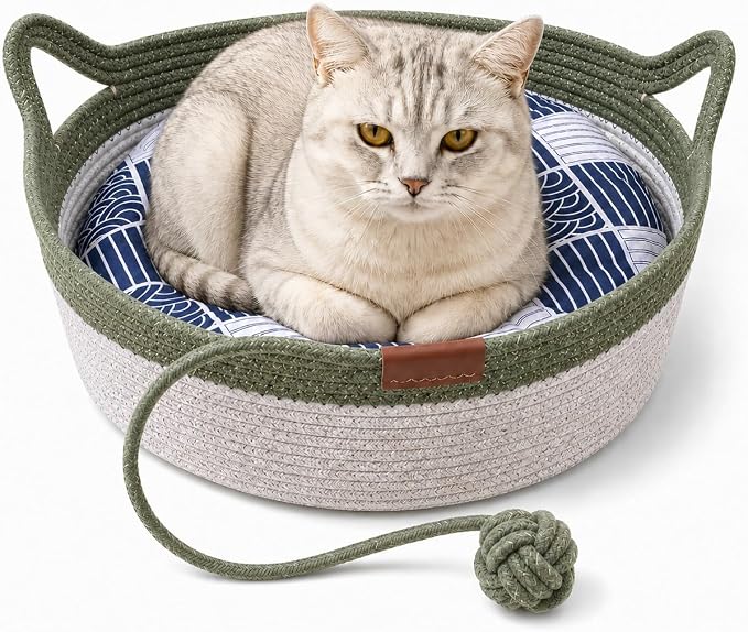 Instinct Basket for Cats - Handwoven Cotton Rope Enrichment Bed with Attached Toy Tail, Scratchable Interactive Pet Nest Features Flexible Walls to Fight Boredom & Protect Furniture (Green & Mat, L)