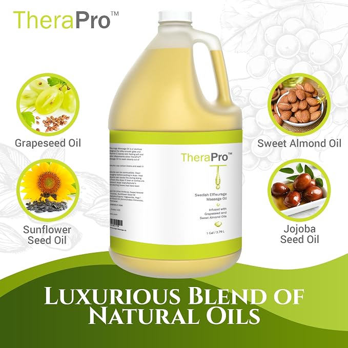 TheraPro Swedish Effleurage Massage Oil – 1 Gallon | Unscented, All-Natural Massage Oil with Grapeseed, Almond, Jojoba & Vitamin E | Water-Soluble & Professional Grade