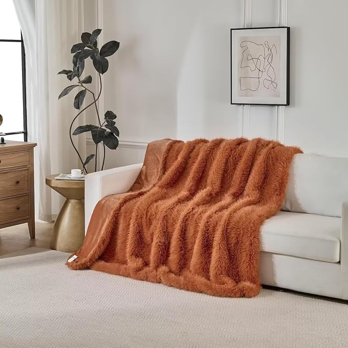 Luxury Fluffy Faux Fur Throw Blanket, Thick Silky Cozy Plush Blanket for Couch, Sofa, Chair, Bed - Burnt Orange, 60x80 Inches