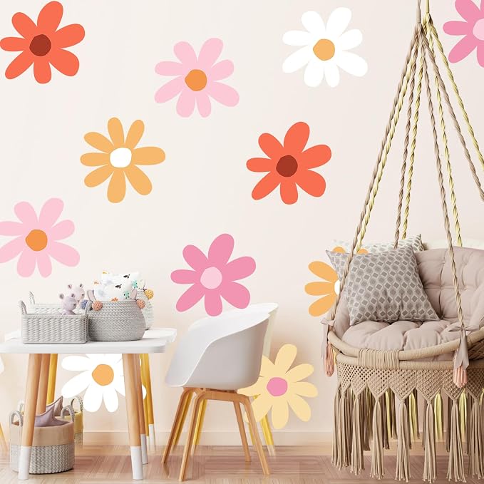 TaoBary 12 Sheet Daisy Wall Sticker Decal,Bright Color,Minimalist Style | Big Flower Wall Sticker, Pink White Floral Decal, Daisy Bedroom Room Decor, Removable Peel and Stick, Nursery Home Wall Decor