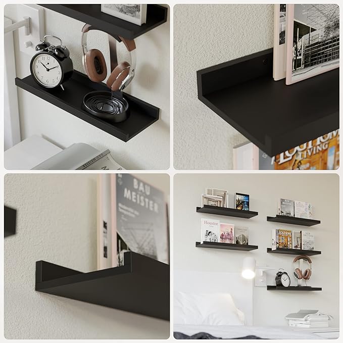 RICHER HOUSE 5-Set Floating Shelves with Lip, Black Wall Mounted Wood Shelf | Display Picture Ledge Shelf, Anti-drop lip Shelf for Room Wall Decor, Bedroom Bathroom Storage Nursery Books, Easy Setup 16in
