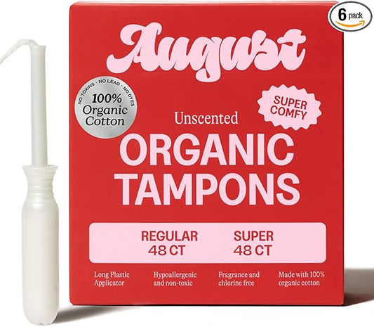 August Regular and Super Tampons - Easy-Glide Long Applicators - 96-Pack (6 Packs of 16) 100% Organic Cotton Tampons for Women, Non-Toxic, Fragrance-Free, and Hypoallergenic