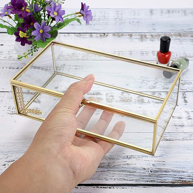 Hipiwe Vintage Glass Keepsake Box, Rectangle Gold Jewelry Display Organizer | Clear Lidded Box for Home Decor, Storage of Trinkets, Rings, Bracelets