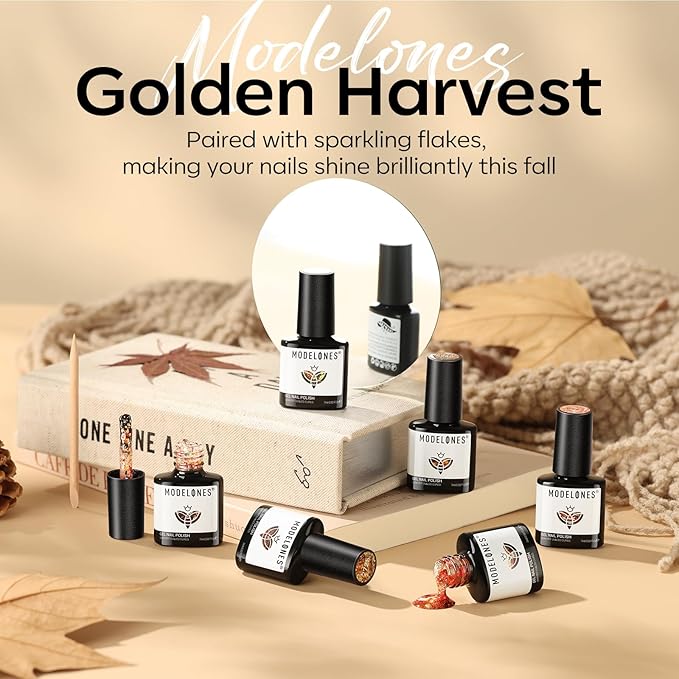 modelones Glitter Gel Nail Polish Set, 6 Colors Geometric Shapes Star Gold Glitter Ornament Gel Polish Collection with Wooden Stick All Seasons Soak Off LED Manicure DIY Gift