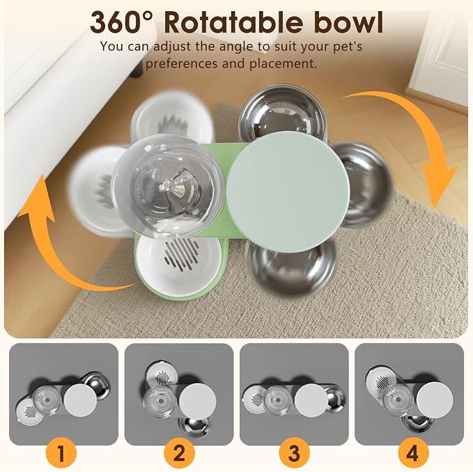 2 in 1 Automatic Gravity Cat Dog Feeder and Water Dispenser with 304 Stainless Steel Bowls, 360 Degree Rotatable Auto Food with 2 Specialized Brushes for Small Medium Pet Dog Puppy Kitten (Green)