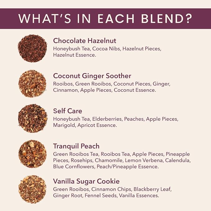 Herbal Tea Sampler – 5 Caffeine-Free Loose Leaf Blends for Sleep and Relaxation, Fruity and Dessert-Inspired Flavors, 75 to 100 Cups – Handcrafted in USA – Plum Deluxe