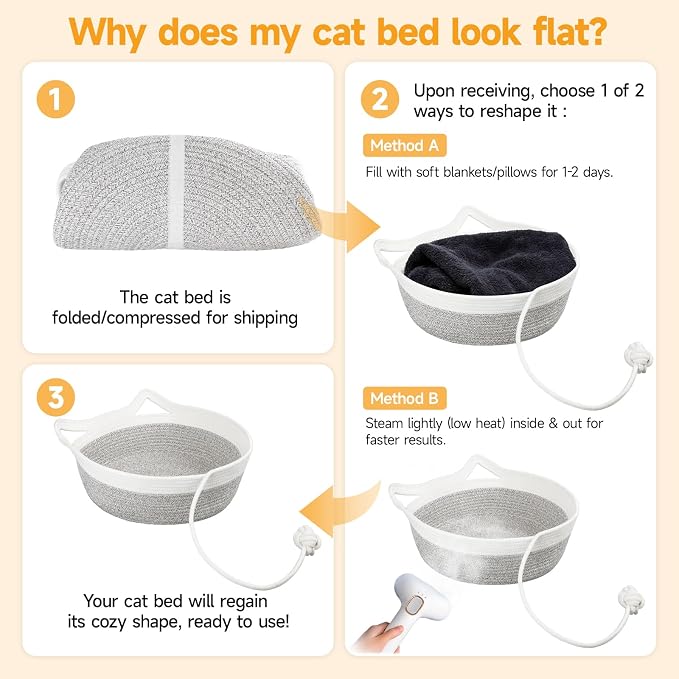 Cotton Rope Woven Cat Bed, Instinct Pet Basket with a Play Ball, Large | Foldable Cat Scratcher Basket for Indoor Cats, Puppies, Rabbits and Small Pets, White & Light Gray