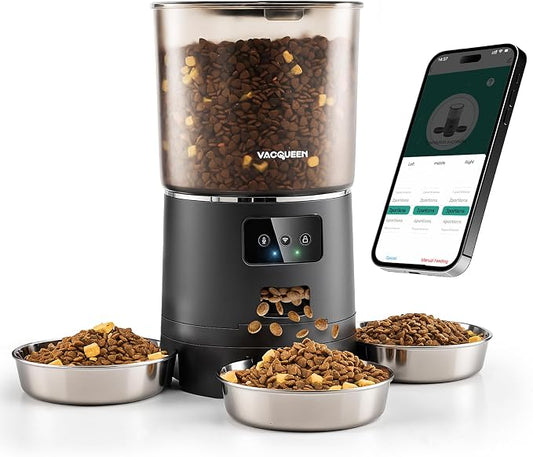 Automatic Cat Feeder with 3 Bowls, Strong Anti-Jam System, Dual-Effect Desiccant, Smart WiFi App Control Pet Feeder, Glossy Black