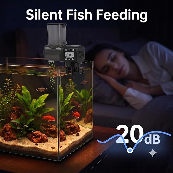 Automatic Fish Feeder: 500ml Bluetooth App Timer | Aquarium pet food dispenser, holiday travel, betta turtle, moisture-proof lid, anti-clog, 4-month battery