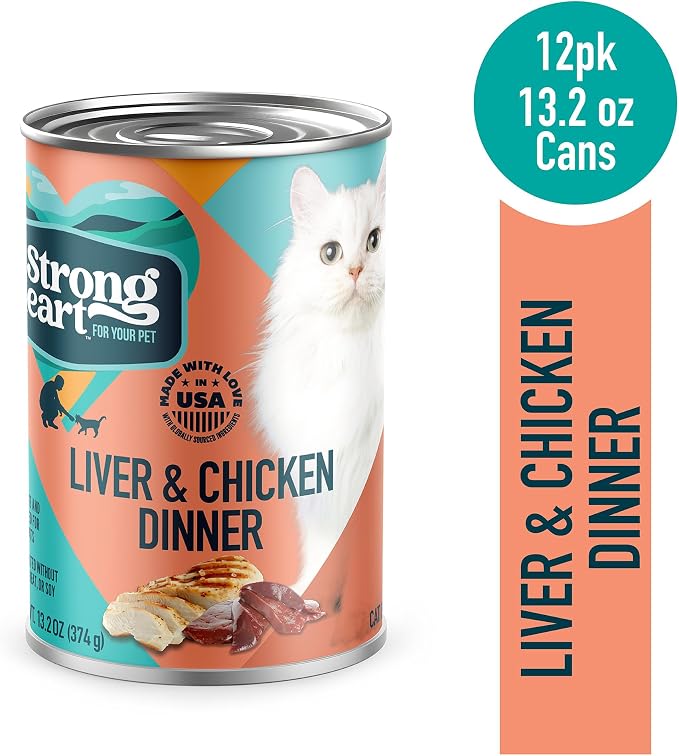 A Strong Heart Adult Cat Pate, Liver & Chicken Dinner, 13.2oz, 12pk | Real chicken & liver, AAFCO complete & balanced, Made in USA, 13.2oz cans, pack of 12