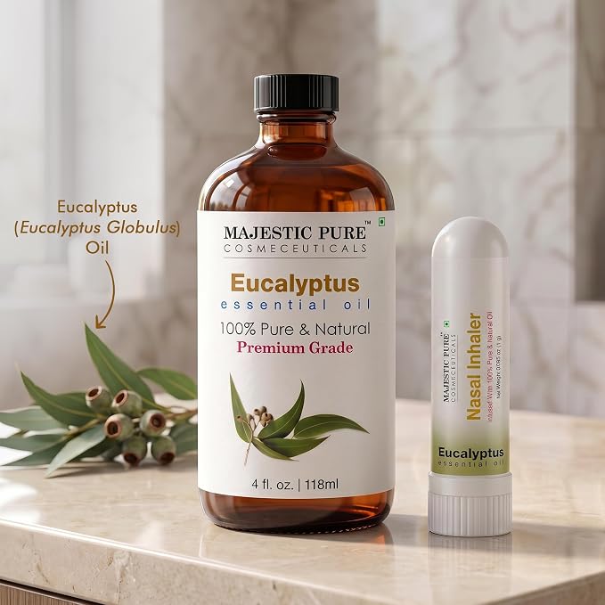 Majestic Pure Eucalyptus Essential Oil 4 Fl Oz | With Nasal Inhaler