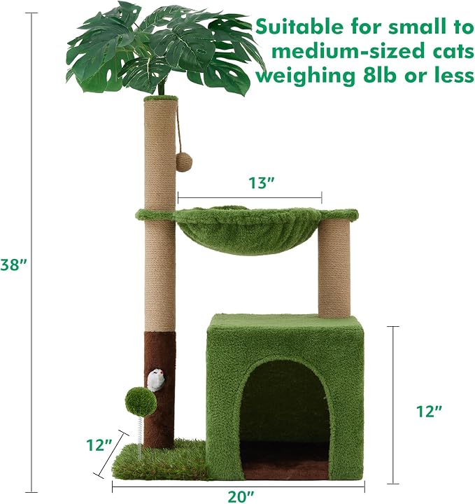 37"Cat Tree Tower With Scratching Post,Cozy Hammock For Indoor Cat | Multiple Cats,Heavy Duty,Sturdy,Corner Cat Condo,Cat Hammock,Green Cat Tree