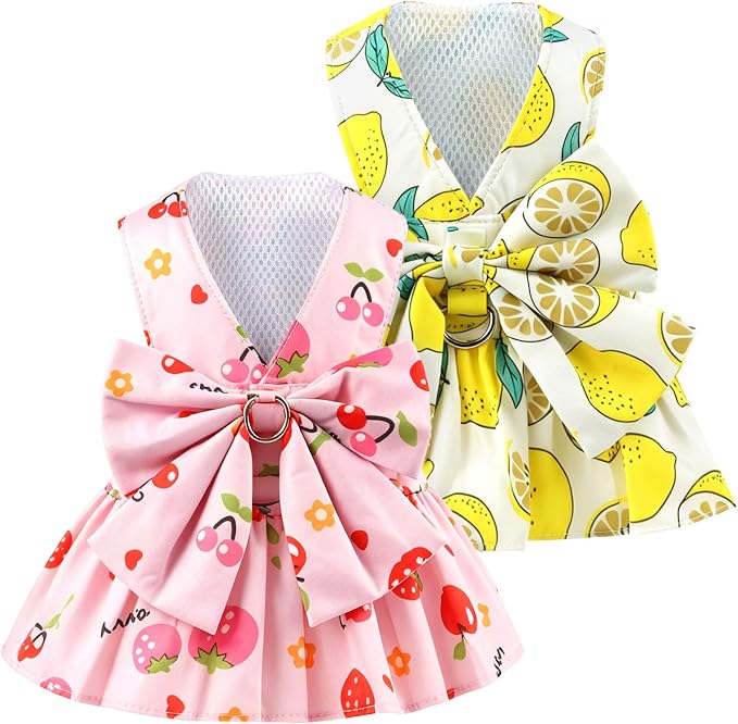 2Pack Small Dog Harness Dress for Girl Puppy Cat Dress with Strawberry&Lemon Pattern Adjustable Breathable D-Ring Outfits for Small Puppy Cat Dresses for Cats Only or Dog Girl Clothes