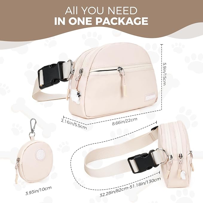 Dog Treat Pouch Pet Training Walking Fanny Pack with Built-in Poop Bag Dispenser & Waste Bag Holder | Stylish Puppy Training Essentials Supplies | Free Dog Clicker (Cream)