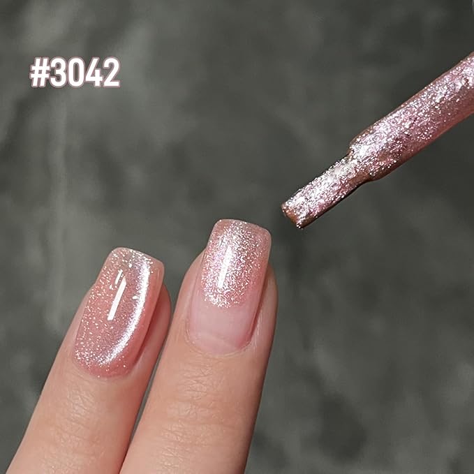 GAOY Jelly Pink Cat Eye Gel Nail Polish, 16ml Glitter Holographic Nail Polish with Magnet, Reflective Translucent UV Gel, 3042 Pink Luster
