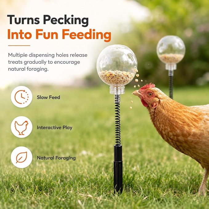 2 Pack Chicken Peck Toys, Chicken Slow Feeder Ball & Poultry Enrichment Toys, Interactive Treat Dispenser with Metal Spring & Plastic Ground Stake for Hens, Ducks, Backyard Coop Feeding