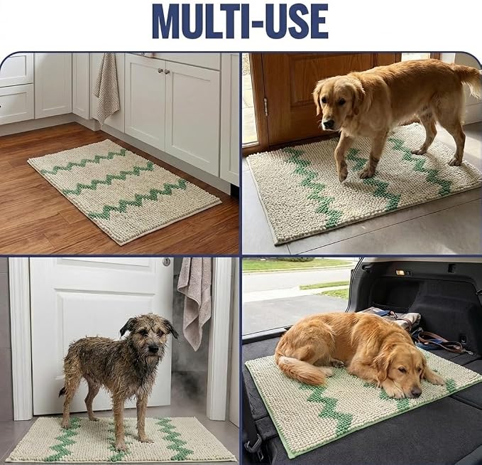 Muddy Mat® Super Absorbent Loop-Thread Chenille Dog Door Mat for Muddy Paws – Non-Slip, Machine Washable Indoor Entry Rug, Quick-Dry Pet Mat for Entryway – Green Chevron 19"x30"