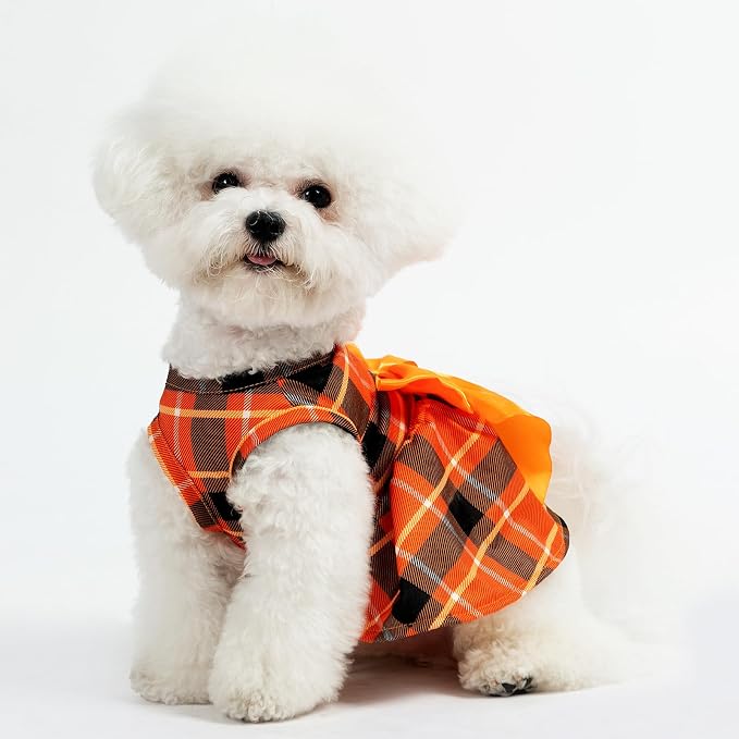 PUPTECK Plaid Dog Dress with Bow Puppy Clothes for Autumn, Orange Plaid M | Puppy Doggie Pet Clothes Outfits Apparel Costume for Wedding Anniversary Birthday Photoshoot for Small Medium Large Dogs Girl