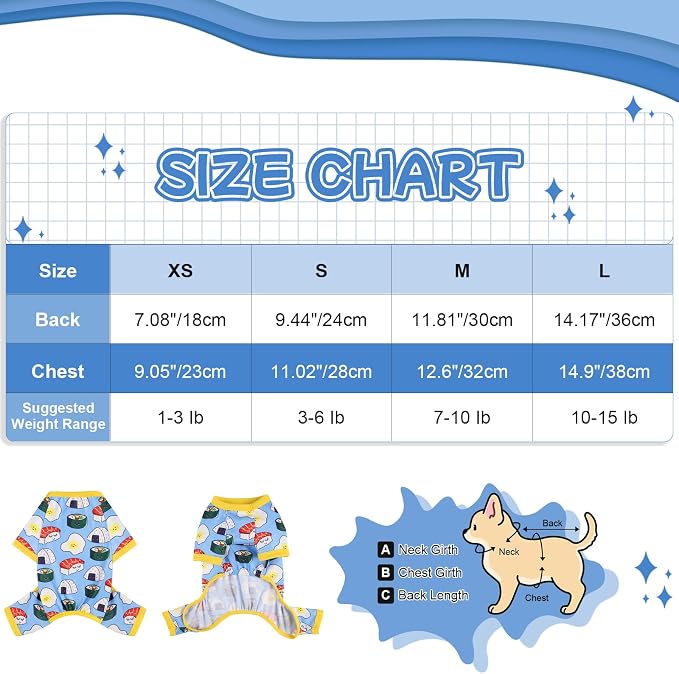 DaFuEn Dog Pajamas for Small Dogs, Soft Stretchy 4 Legs Puppy Jumpsuit, All Season Cozy Pet PJs for Chihuahua Yorkie Teacup Dogs, Cat Clothes (Blue Bread, S)