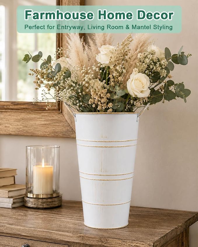 12 Inch Galvanized Metal Vase, 6 Pack Tall Flower Buckets with Handles | Galvanized metal flower buckets with handles, rustic tall vase design for dried flowers, weddings, farmhouse and home decor.