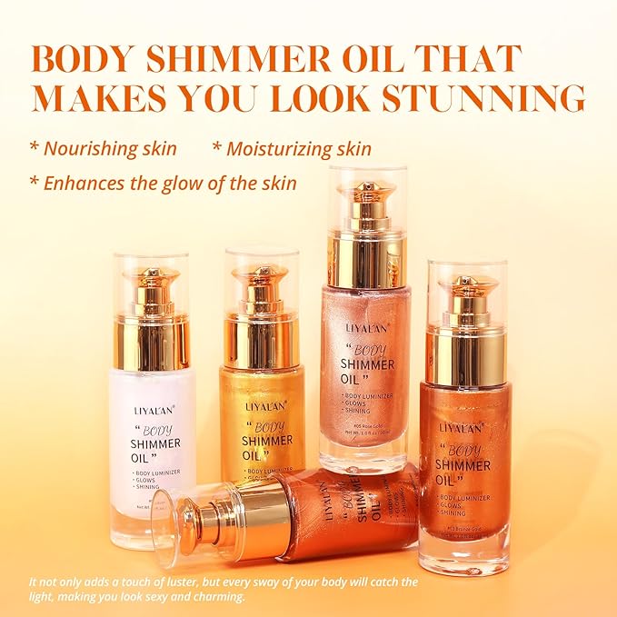 Liyalan Shimmer Body Oil 5 Color Options 1.0 fl.oz Face Glow Pearl Highlighter Illuminator Long-Lasting Shine Glitter Liquid Tanning with Makeup Brush Included (#01 Silver)