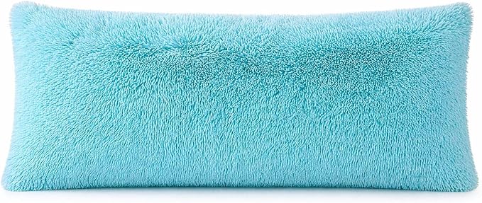 REAFORT Long Hair Faux Fur Body Pillow Cover 21"x54", Hidden Zipper (Aqua) | Ultra-soft long hair faux fur with a hidden zipper offers luxurious comfort and is machine washable for easy care.