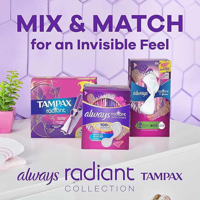 Tampax Radiant Tampons Super Absorbency with BPA-Free Plastic Applicator and LeakGuard Braid, Unscented, 42 Count (Pack of 2)