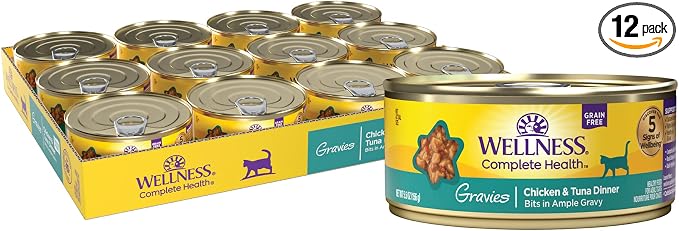 Wellness Complete Health Gravies Adult Canned Wet Cat Food, Natural, Protein Rich, Grain Free, Chicken and Tuna Dinner Recipe, 5.5 oz, Pack of 12 Cans