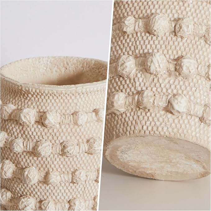 DN DECONATION Beige Flower Vase, 6.3" Farmhouse Boho Vase for Home Decor | Textured Rustic Small Vase, Cement Decorative Flower Vases with Rope Knots for Living Room, Table Centerpiece, Shelf, Mantel